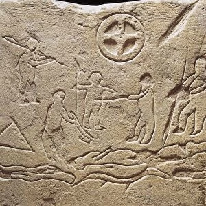 Sandstone Novilara Stele, detail showing fighting scene