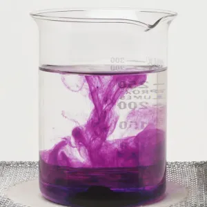 Glass beaker containing potassium manganate shows the solid dissolving to form a solution Glass beaker containing potassium manganate shows the solid dissolving to form a solution