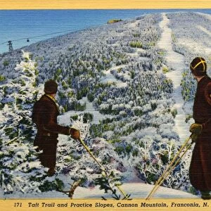 Ski Patrol on Cannon Mountain. ca. 1938, Franconia, New Hampshire, USA, Picture shows tramway car approaching mountain station of Cannon Mountain Aerial Passenger tramway which operates all the year. Two members of the Cannon Mt. Ski Patrol are seen just below top part of Taft Trail with practice areas left of the trail