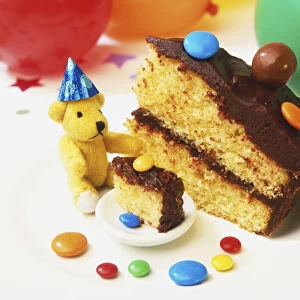 Slice of chocolate cake, small teddy bear with small plate, tiny slice of cake on plate
