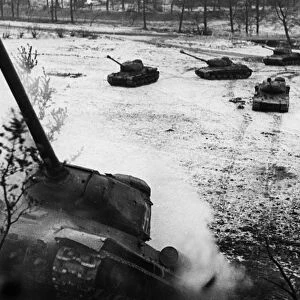 A soviet armored division of the third byelorussian front attacking the germans in east prussia, january 1945
