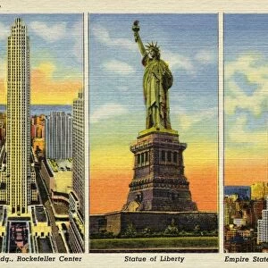 Statue of Liberty and Notable Skyscrapers. ca. 1944, New York, New York, USA, RCA Bldg. Rockefeller Center, Statue of Liberty, Empire State Bldg. New York City