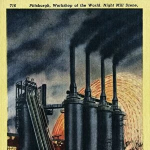 Steel Mill. ca. 1937, Pittsburgh, Pennsylvania, USA, 716. Pittsburgh, Workshop of the World. Night Mill Scene, Pittsburgh, Pa. Progress of iron and steel in America and the development of Pittsburgh into becoming the greatest steel center of the world, is written largely in the history of the many Pittsburgh steel mills