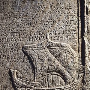 Stone funerary stele, detail with sailing boat of shipowner Callinicos, from Sinop, Turkey