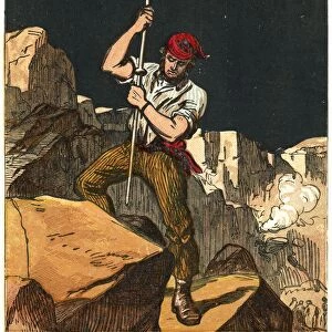 Stone quarry worker tamping down a gunpowder charge ready to fit a fuse and blast