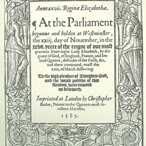 Title page of Acts of Parliament for 1585. Reign of Elizabeth I of England and Ireland