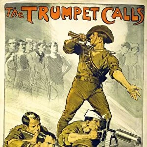 The Trumpet Calls: Australian World War I recruitment poster. Bugler calling Australian