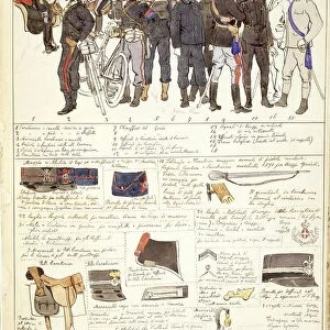 Uniform variations of Great Manoeuvres campaign of Kingdom of Italy, color plate by Quinto Cenni, 1907