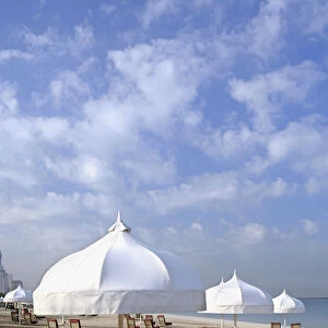 United Arab Emirates, Dubai, beach umbrellas and sun loungers at One&Only Royal Mirage luxury resort