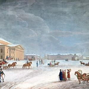 View of the Great Theatre Square St Petersburg, 1817. Coloured lithograph. Winter