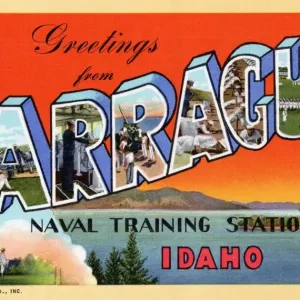Carta di auguri dalla Stazione Navale di addestramento Farragut. ca. 1943, Farragut, Idaho, USA, Carta di auguri dalla Stazione Navale di addestramento Farragut Carta di auguri dalla Stazione Navale di addestramento Farragut. ca. 1943, Farragut, Idaho, USA, Carta di auguri dalla Stazione Navale di addestramento Farragut