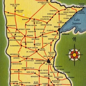 Mappa dello Stato del Minnesota. ca. 1938, Minnesota, USA, SALUTO DALLA STATO SCOIATTOLINO Terra di 10.000 Laghi MINNESOTA Mappa dello Stato del Minnesota. ca. 1938, Minnesota, USA, SALUTO DALLA STATO SCOIATTOLINO Terra di 10.000 Laghi MINNESOTA