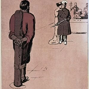 Woman whispering in ear of Russian executioner