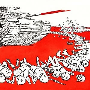 World War II 1939-1945: Russian cartoon showing a Soviet army tank overwhelming German army forces
