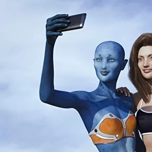 access, alien, ar, augmented reality, blue, brunette, candid, cell phone, cloud, color image
