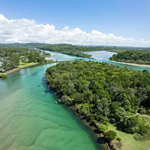 Aerial Views of crystal clear water in the Brunswick River, New South Wales