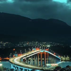 The Car Light Trails on Tasman Bridge at Dusk in Tasmania, Australia