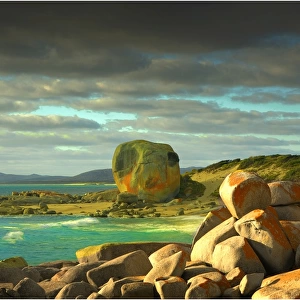 Castle Rock and the colourful coastline at Marshall bay, Flinders Island, Bass Strait, Tasmania