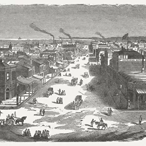 Courtstreet in Melbourne, Australia, wood engraving, published in 1872