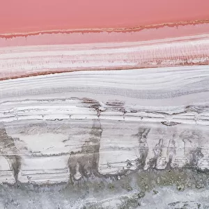 Drone view at the edge of a pink salt lake, Victoria, Australia