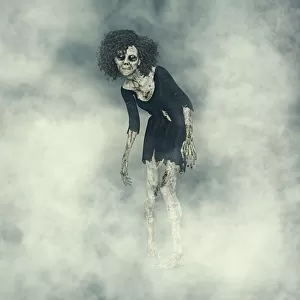 Female Zombie with glowing eyes emerging from fog
