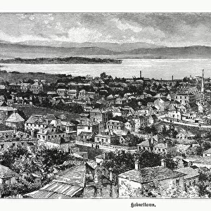 Historical view of Hobart; Tasmania, Australia; wood engraving, published 1899