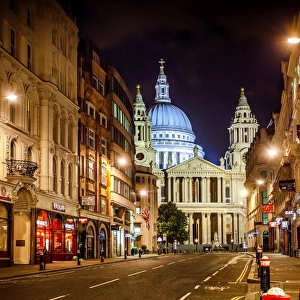 Night Street View of Ludgate Hill with St Pauls Cathedral at Night, London, England, United Kingdom