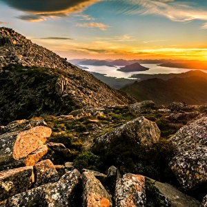 Sunset over Lake Pedder from the top of mt Anne in Southwest Tasmania