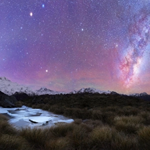 Tarns frozen with ice and milkyway sky above
