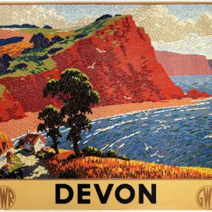 The Devon Print features a serene seascape with cliffs, fields, and cottages in the foreground The Devon Print features a serene seascape with cliffs, fields, and cottages in the foreground