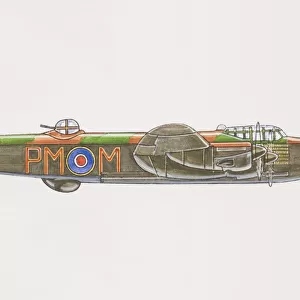 1941 Avro Lancaster, bomber with dorsal gun turret, blue-white-red RAF logo on side