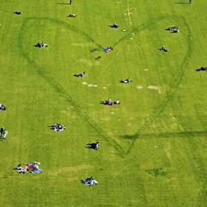Aerial view, people and a heart in a park next to Berlin Cathedral, Berlin, Germany, Europe