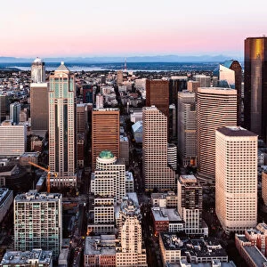 Aerial view of Seattle downtown at sunset, USA