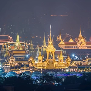 Aerial View of Thailand Grand palace and Wat Phra Kaew famous place with Wat Arun Temple in bangkok yai area. Thailand Royal Crematorium for King of thailand Bhumibol Adulyadej at Sanam Luang Park in Bangkok, Thailand
