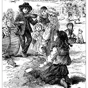 Antique childrens book comic illustration: people on the beach