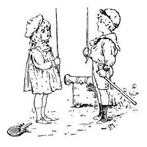 Antique childrens book comic illustration: boy and girl with swords