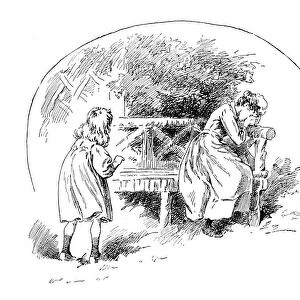 Antique childrens book comic illustration: girl and crying woman
