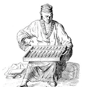 Antique illustration of man with abacus