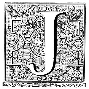 Antique illustration of ornate letter J