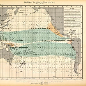 April Frequency of Winds in Relative Values Chart, Pacific Ocean, German Antique Victorian Engraving, 1896