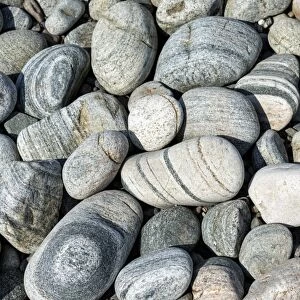 Banded and round gneiss, on the gravel beach, Geopark Scourie Bay, Sutherland, Scotland, United Kingdom, Europe