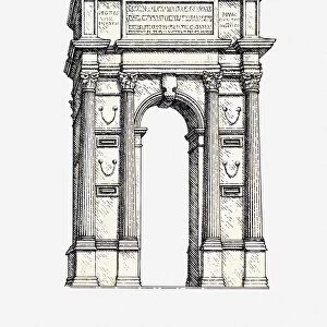 Black and white illustration, Arch of Trajan, Ancona, Italy