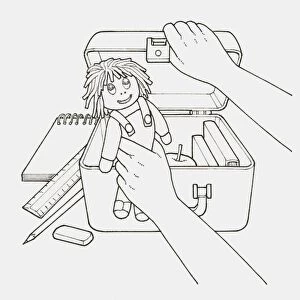 Black and white illustration of childs hand holding doll next to open case filled with books and an apple, stationery nearby