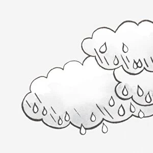 Black and white illustration of rain clouds and raindrops
