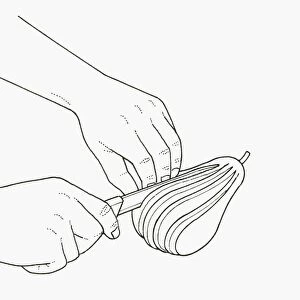 Black and white illustration of using sharp knife to slice pear into fan shape