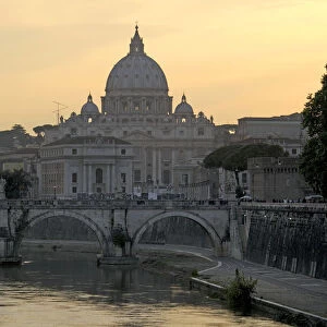 Bridge Ponte SantAngelo, Tiber river and St. Peters Basilica, Vatican City, Rome, Lazio, Italy, Europe