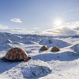 Camp on ice cap at Greenland Ice Sheet, Kangerlussuaq, Greenland, Denmark