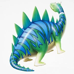 Cartoon character depiction of green dinosaur with blue stripy skin and spikes, side view