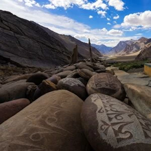 Carved Buddhist mani stones of Zangla Palace, Zanskar Vally, India