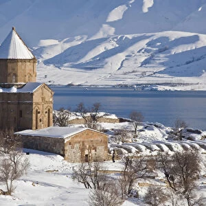 Church of the Holy Cross in snow, Akdamar Island, Anatolia Region, Turkey